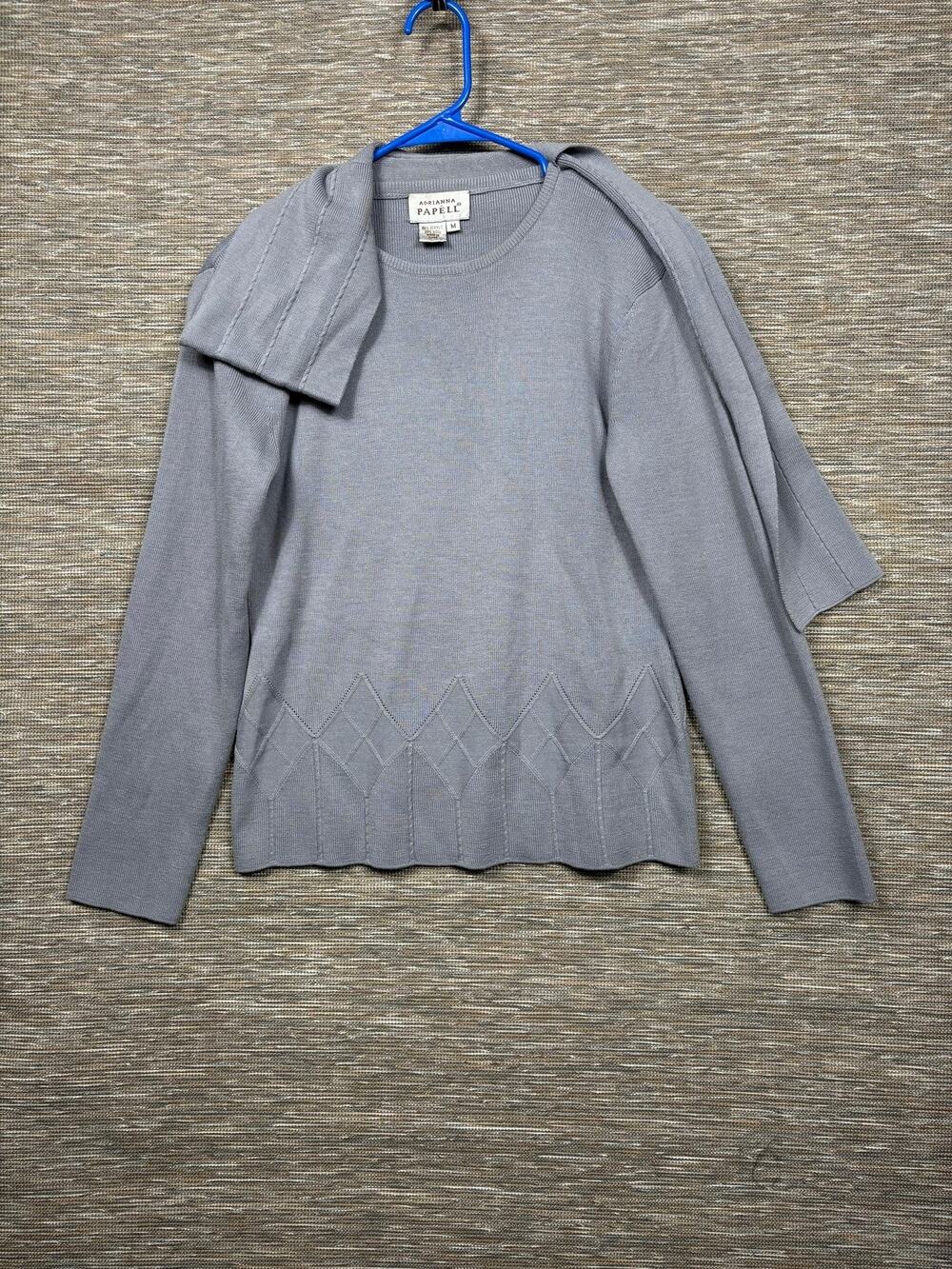 Adrianna Papell Wool Sweater Womens M Gray Argyle Hem Knit Pullover Scarf Set